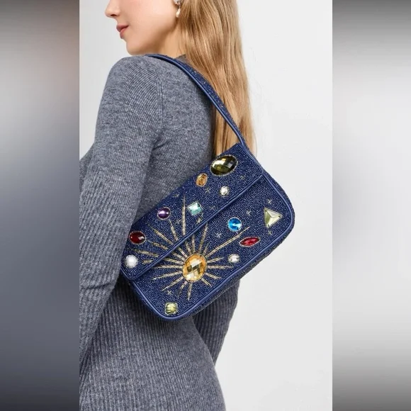🌺🎉HP🎉🌺 NWT Staud Beaded Tommy Shoulder Bag Navy Celestial 🌟 Rare 🌟 - Picture 11 of 16